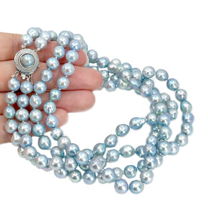 Vintage Japanese Saltwater Cultured Blue Akoya Pearl Double Strand Necklace - Sterling Silver 24 & 25 Inch