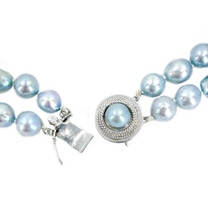 Vintage Japanese Saltwater Cultured Blue Akoya Pearl Double Strand Necklace - Sterling Silver 24 & 25 Inch