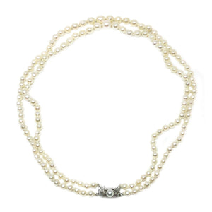 Double Strand Filigree Japanese Saltwater Cultured Akoya Pearl Necklace - 14K White Gold 16 & 17 Inch