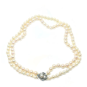 Double Strand Sapphire Japanese Saltwater Cultured Akoya Pearl Necklace - 14K White Gold 16 & 16.50 Inch