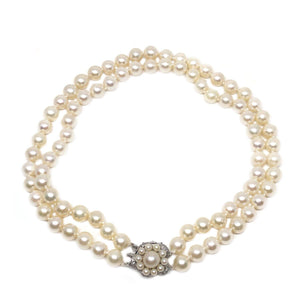 Floral Halo Japanese Saltwater Akoya Cultured Pearl Double Strand Necklace-Sterling Silver