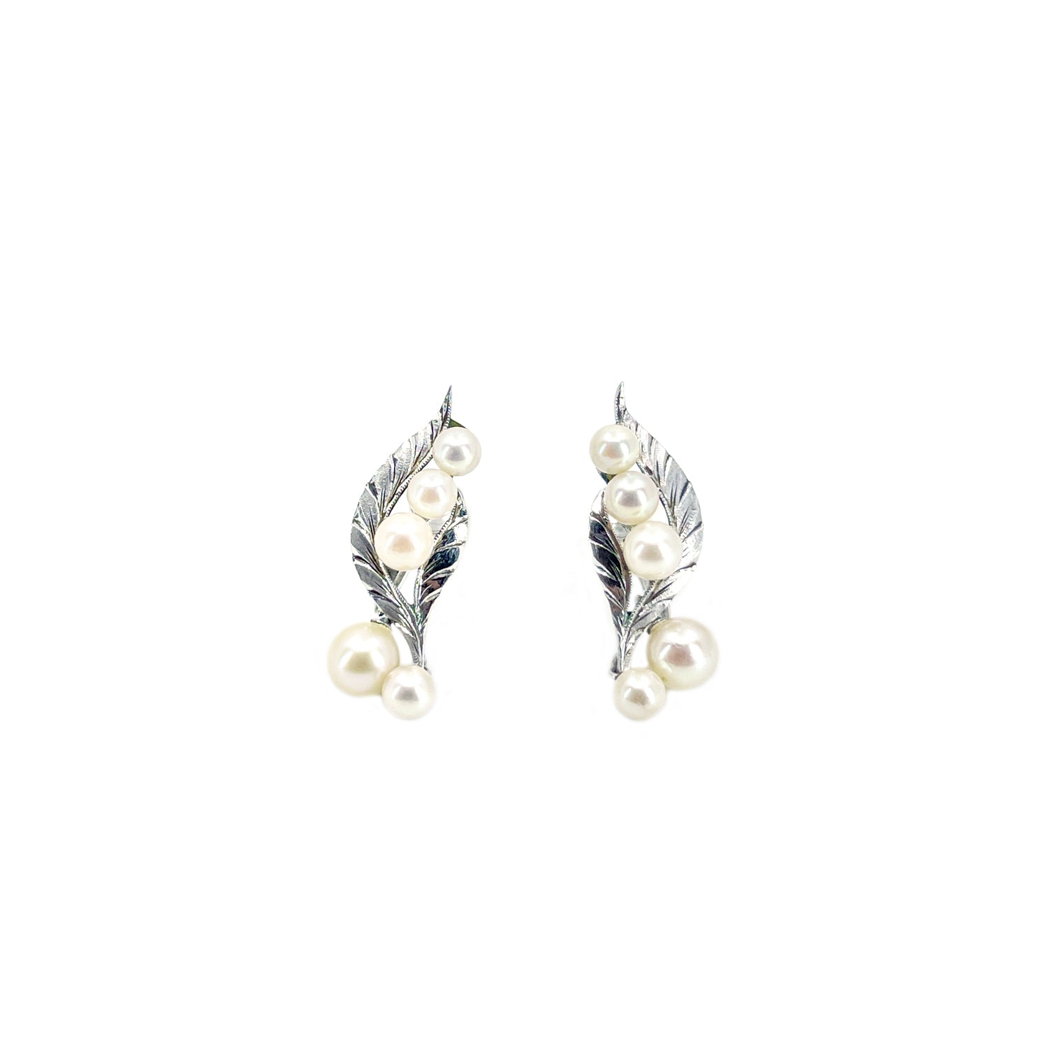 Dangle Leaf Akoya Saltwater Cultured Pearl Engraved Vintage Screwback Earrings- Sterling Silver