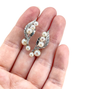 Dangle Leaf Akoya Saltwater Cultured Pearl Engraved Vintage Screwback Earrings- Sterling Silver