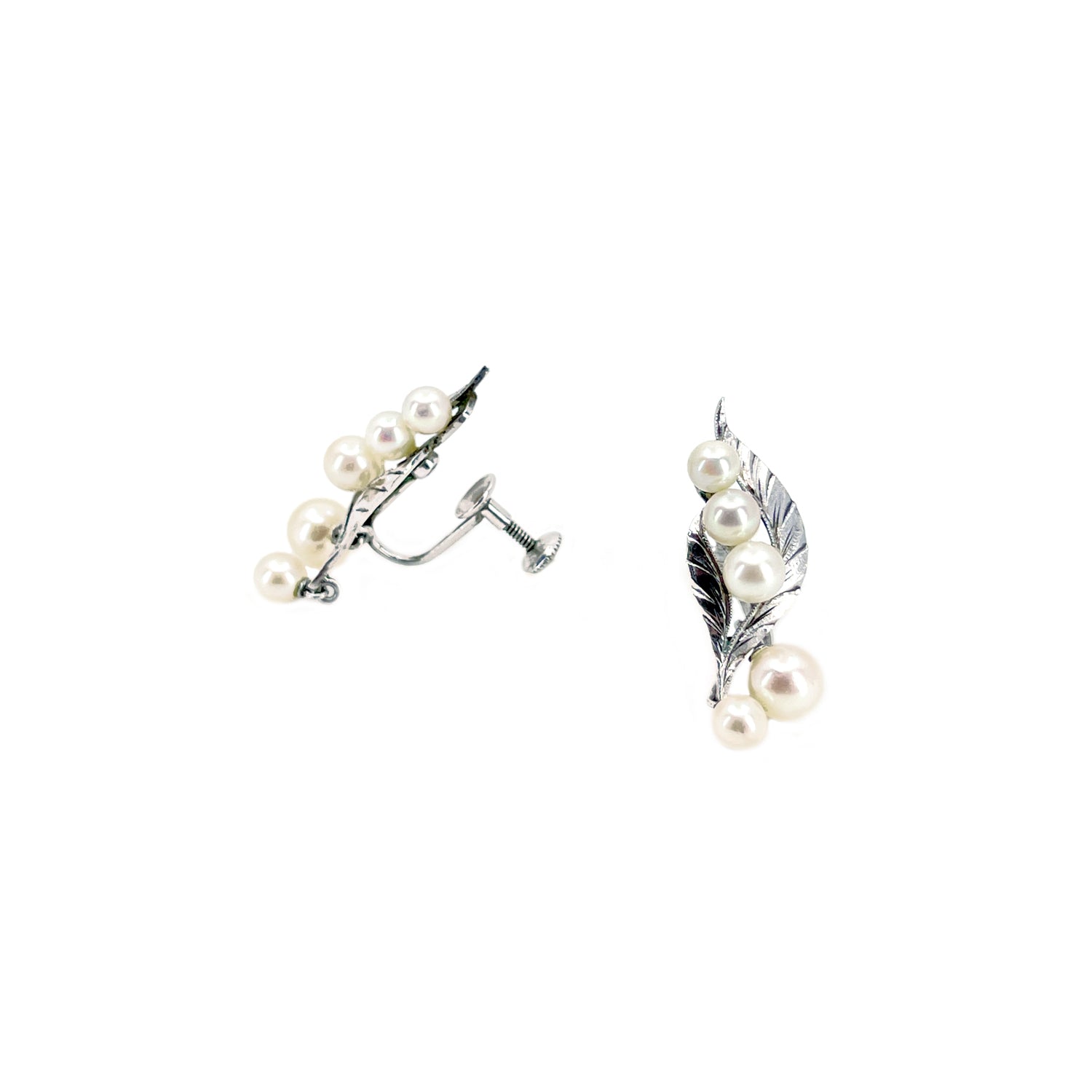 Dangle Leaf Akoya Saltwater Cultured Pearl Engraved Vintage Screwback Earrings- Sterling Silver