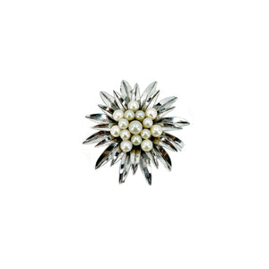 Atomic Era Burst Milgrain Japanese Saltwater Akoya Cultured Vintage Pearl Brooch- Sterling Silver