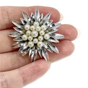 Atomic Era Burst Milgrain Japanese Saltwater Akoya Cultured Vintage Pearl Brooch- Sterling Silver
