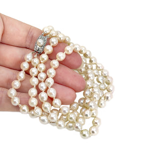 Japanese Vintage Double Strand Saltwater Cultured Baroque Akoya Pearl Choker Necklace -Sterling Silver 15.50 & 16 Inch