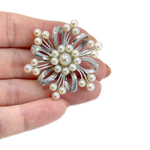 Atomic Age Modernist Burst Japanese Saltwater Akoya Vintage Cultured Pearl Brooch- Sterling Silver