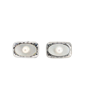 Art Deco Engraved Japanese Akoya Pearl Vintage Mother of Pearl Cufflinks- Sterling Silver