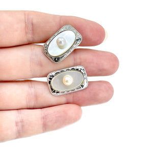 Art Deco Engraved Japanese Akoya Pearl Vintage Mother of Pearl Cufflinks- Sterling Silver