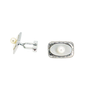 Art Deco Engraved Japanese Akoya Pearl Vintage Mother of Pearl Cufflinks- Sterling Silver