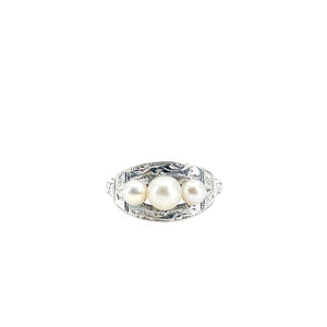 Art Deco Engraved Japanese Saltwater Akoya Cultured Pearl Ring- Sterling Silver Sz 6