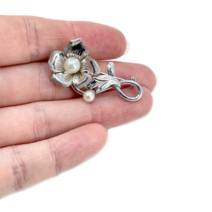 Nouveau Flower Japanese Akoya Cultured Saltwater Pearl Vintage Engraved Brooch- Sterling Silver
