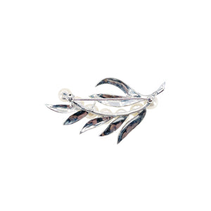 Leaf Engraved Vintage Japanese Akoya Cultured Saltwater Pearl Brooch- Sterling Silver