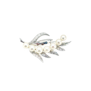 Leaf Engraved Vintage Japanese Akoya Cultured Saltwater Pearl Brooch- Sterling Silver