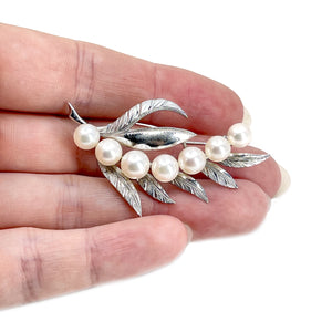Leaf Engraved Vintage Japanese Akoya Cultured Saltwater Pearl Brooch- Sterling Silver