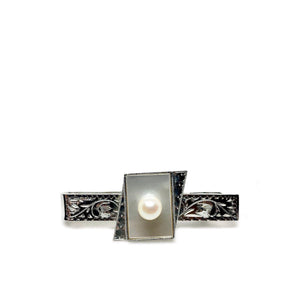 Engraved Mid Century Modern Men's Japanese Saltwater Akoya Cultured Pearl Tie Bar- Sterling Silver