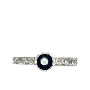 Engraved Black Onyx Mid Century Men's Japanese Saltwater Akoya Cultured Pearl Tie Bar- Sterling Silver