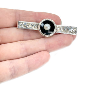 Engraved Black Onyx Mid Century Men's Japanese Saltwater Akoya Cultured Pearl Tie Bar- Sterling Silver