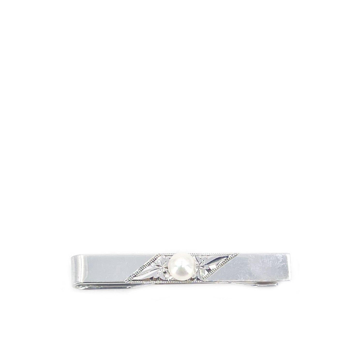 Floral Engraved Mid Century Modern Men's Japanese Saltwater Akoya Cultured Pearl Tie Bar- Sterling Silver