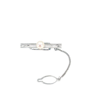 Retro Floral Engraved Mid Century Modern Men's Japanese Saltwater Akoya Cultured Pearl Tie Bar- Sterling Silver