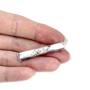 Floral Engraved Mid Century Modern Men's Japanese Saltwater Akoya Cultured Pearl Tie Bar- Sterling Silver