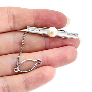 Retro Floral Engraved Mid Century Modern Men's Japanese Saltwater Akoya Cultured Pearl Tie Bar- Sterling Silver