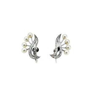 Vintage Engraved Spray Akoya Saltwater Cultured Pearl Screwback Earrings- Sterling Silver