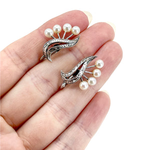 Vintage Engraved Spray Akoya Saltwater Cultured Pearl Screwback Earrings- Sterling Silver