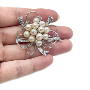 Atomic Age Engraved Burst Japanese Saltwater Akoya Vintage Cultured Pearl Brooch- Sterling Silver