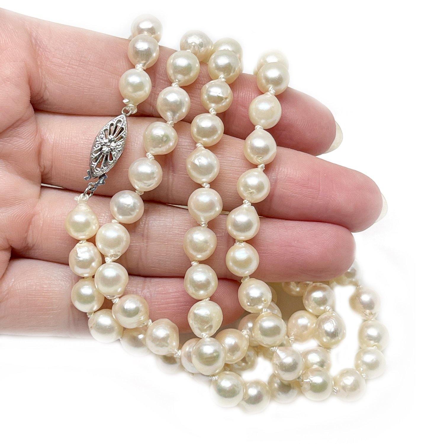 Baroque Vintage Japanese Cultured Akoya Pearl Strand - 10K White Gold 35 Inch