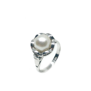 Floral Halo Japanese Saltwater Akoya Cultured Pearl Ring- Sterling Silver Sz 4 1/2 Up