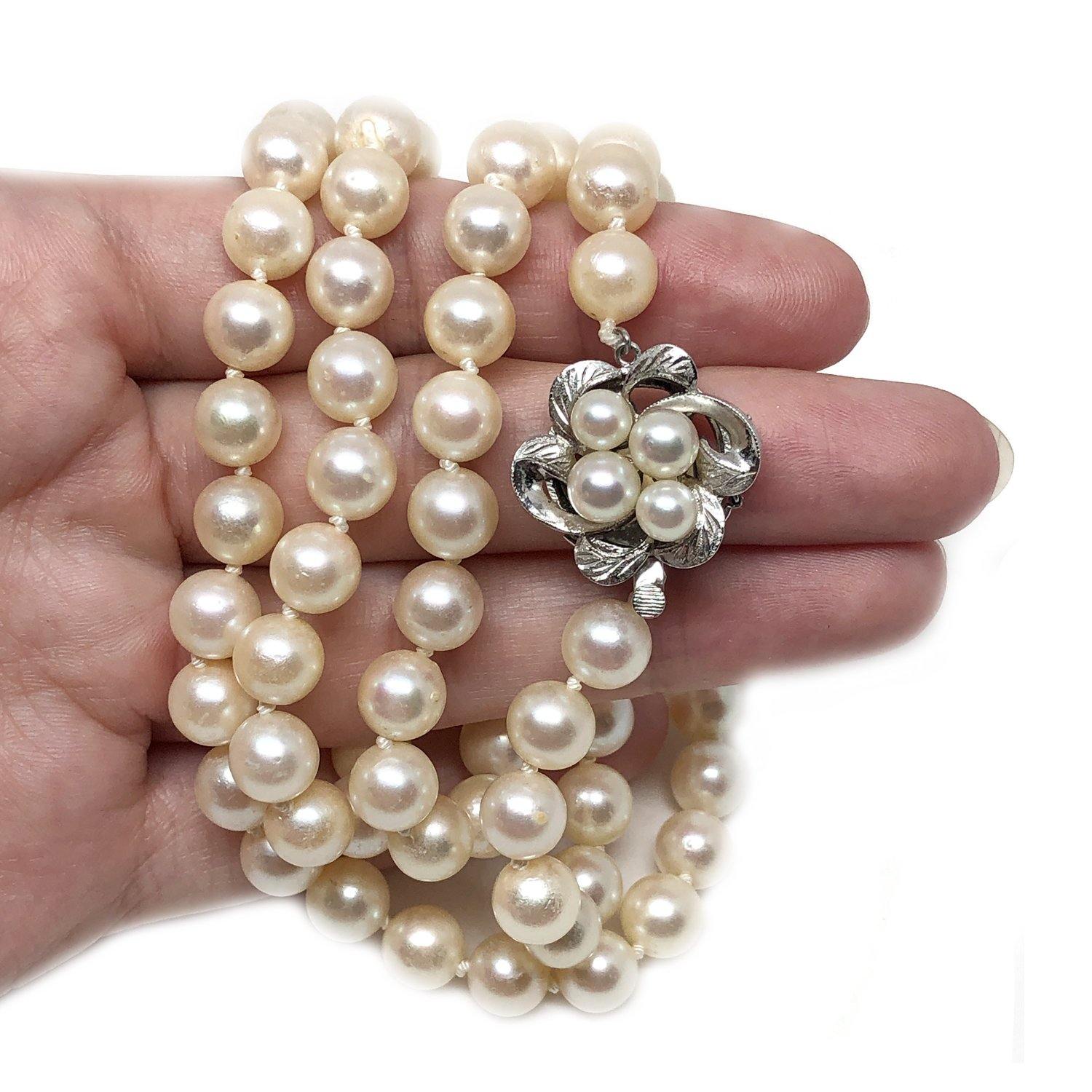 Mid Century Floral Japanese Saltwater Cultured Akoya Pearl Strand - Silver Vintage 29.50