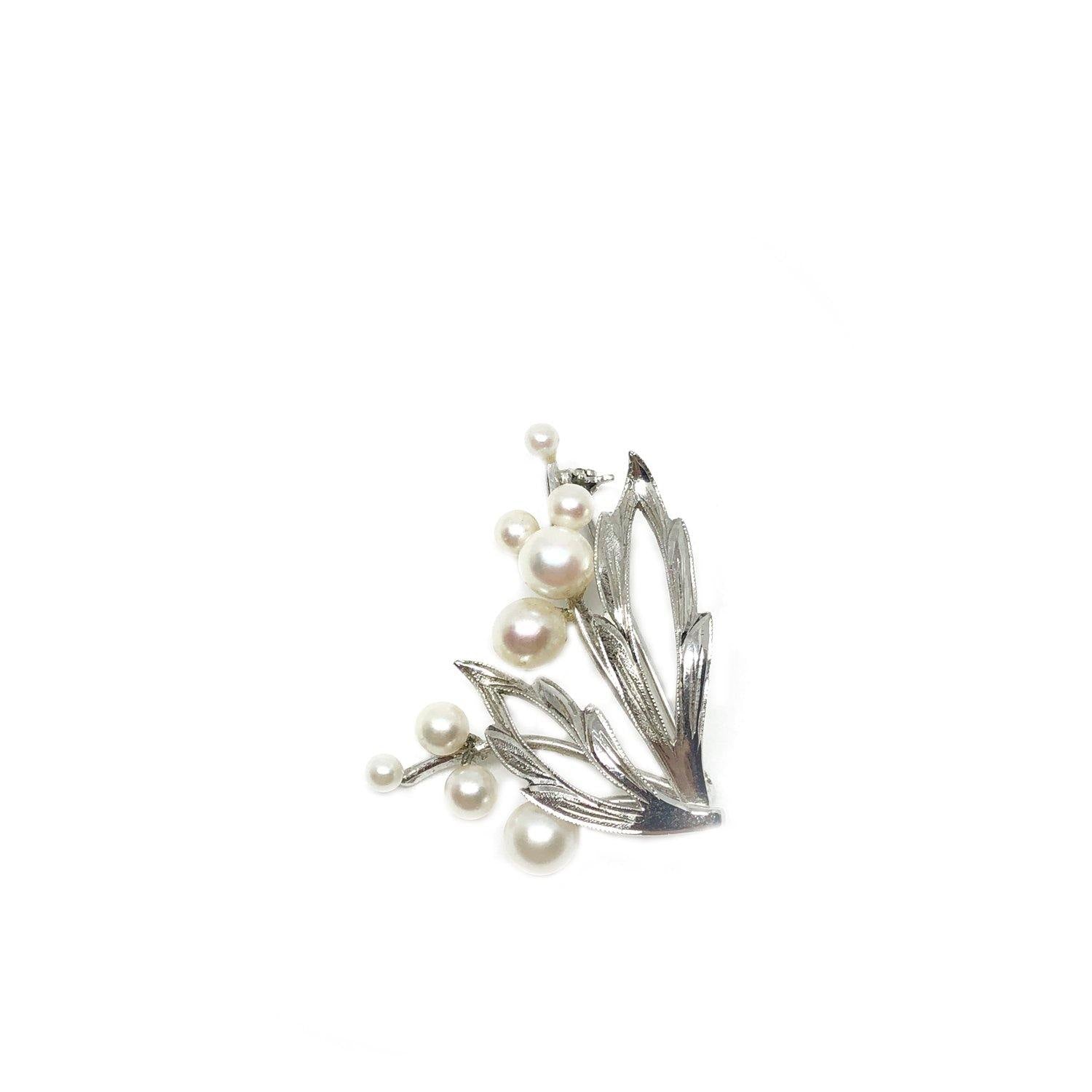 Front Nouveau Floral Branch Japanese Akoya Cultured Saltwater Pearl Brooch- Sterling Silver