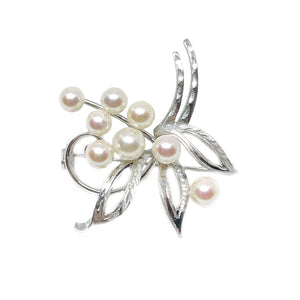 Nouveau Floral Engraved Japanese Akoya Cultured Saltwater Pearl Brooch- Sterling Silver