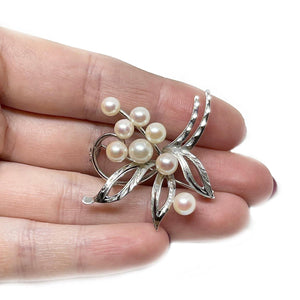 Nouveau Floral Engraved Japanese Akoya Cultured Saltwater Pearl Brooch- Sterling Silver