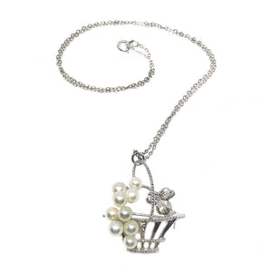 Braided Flower Basket Japanese Cultured Akoya Pearl Pendant Brooch- Sterling Silver
