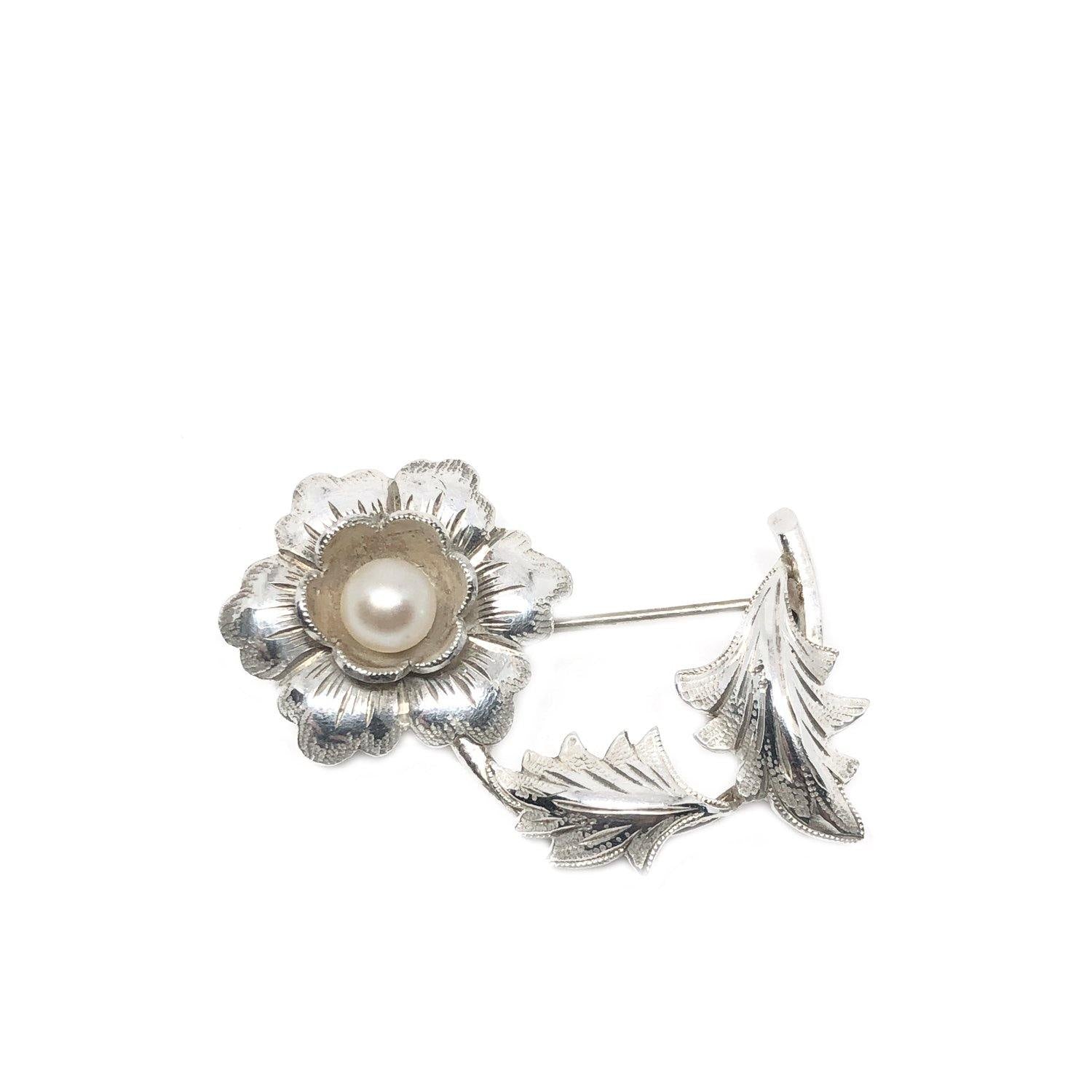 Boho Flower Japanese Akoya Cultured Saltwater Pearl Brooch- Sterling Silver