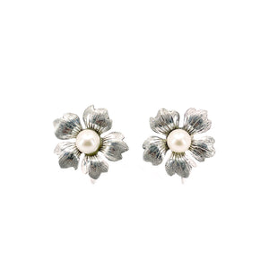 Textured Cherry Blossom Akoya Saltwater Cultured Pearl Vintage Screwback Earrings- Sterling Silver