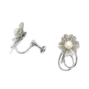 Flower A&Z Designer Akoya Saltwater Cultured Pearl Screwback Earrings- Sterling Silver