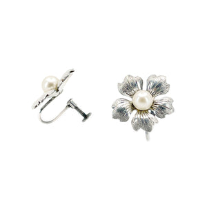 Textured Cherry Blossom Akoya Saltwater Cultured Pearl Vintage Screwback Earrings- Sterling Silver