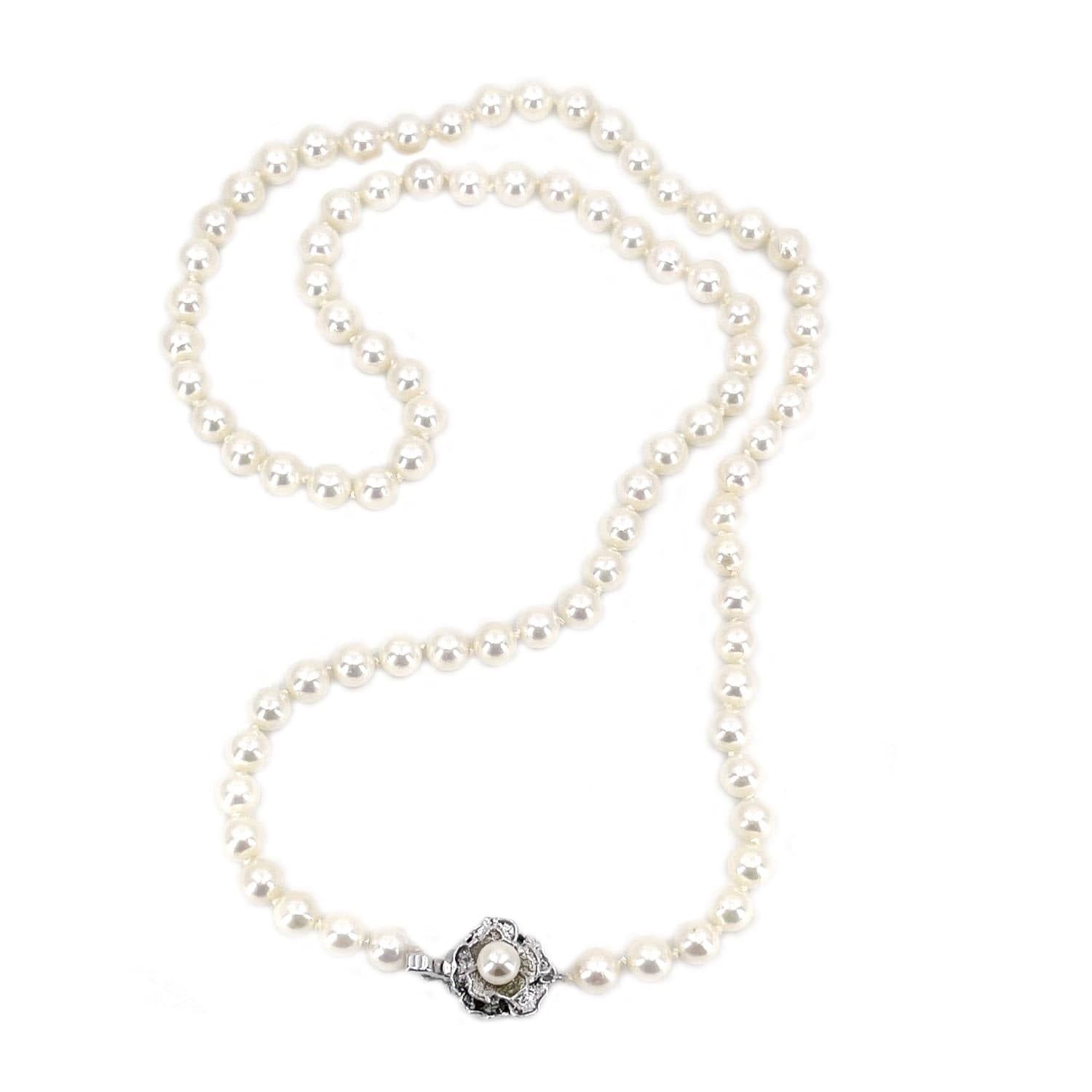 Floral Petals Japanese Cultured Akoya Pearl Necklace- Sterling Silver 23.50 Inch
