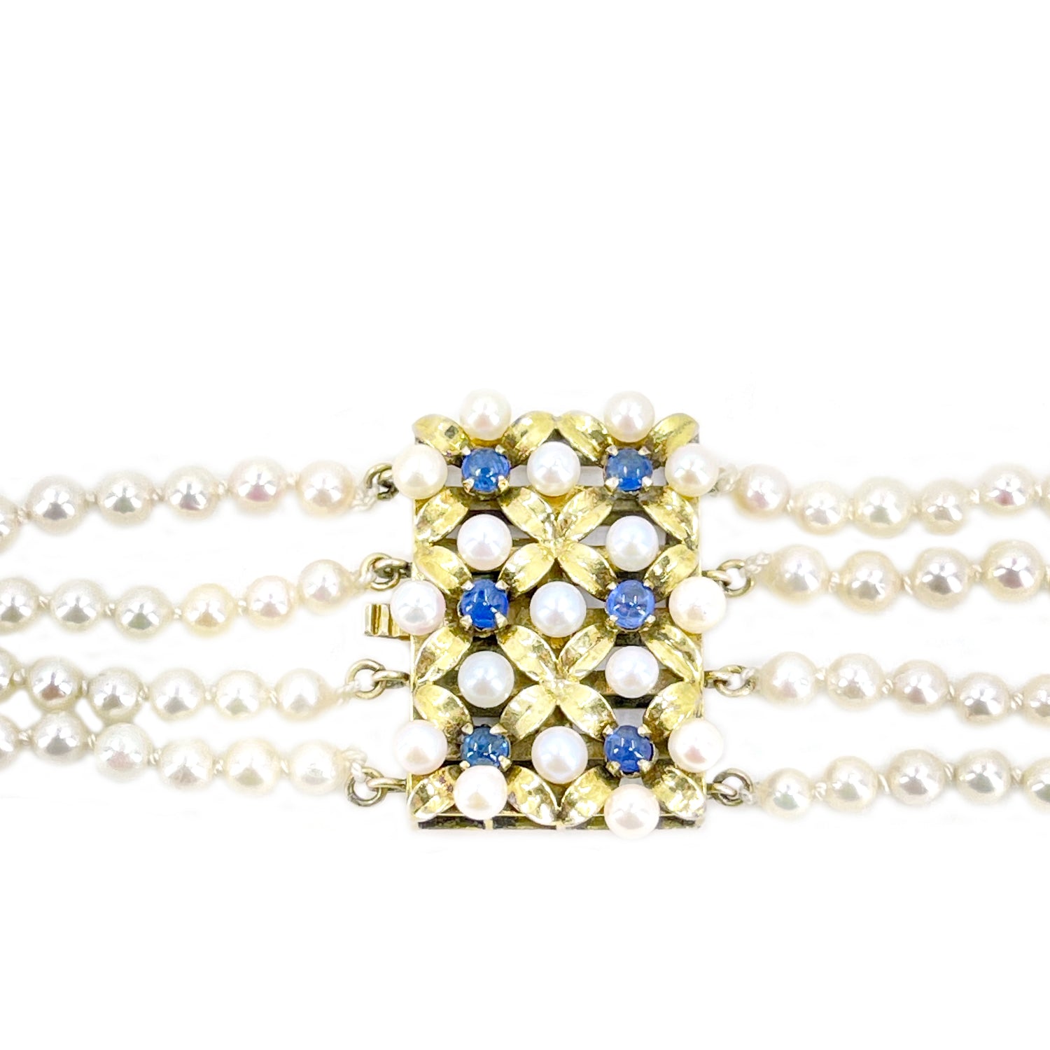 Four Strand Floral Natural Ceylon Sapphire Japanese Saltwater Cultured Akoya Seed Pearl Necklace - 14K Yellow Gold 22-25.50 Inch