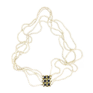 Four Strand Floral Natural Ceylon Sapphire Japanese Saltwater Cultured Akoya Seed Pearl Necklace - 14K Yellow Gold 22-25.50 Inch