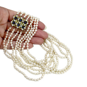 Four Strand Floral Natural Ceylon Sapphire Japanese Saltwater Cultured Akoya Seed Pearl Necklace - 14K Yellow Gold 22-25.50 Inch
