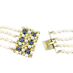 Four Strand Floral Natural Ceylon Sapphire Japanese Saltwater Cultured Akoya Seed Pearl Necklace - 14K Yellow Gold 22-25.50 Inch