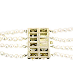 Four Strand Floral Natural Ceylon Sapphire Japanese Saltwater Cultured Akoya Seed Pearl Necklace - 14K Yellow Gold 22-25.50 Inch