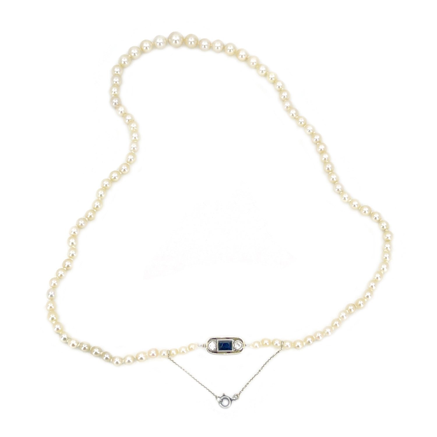 French Art Deco Japanese Cultured Akoya Pearl Spinel Paste Necklace -Sterling Silver 20.50 Inch