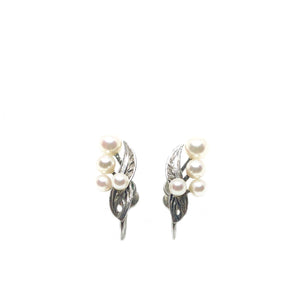 Floral Fuji Pearl Designer Akoya Saltwater Cultured Pearl Screwback Earrings- Sterling Silver
