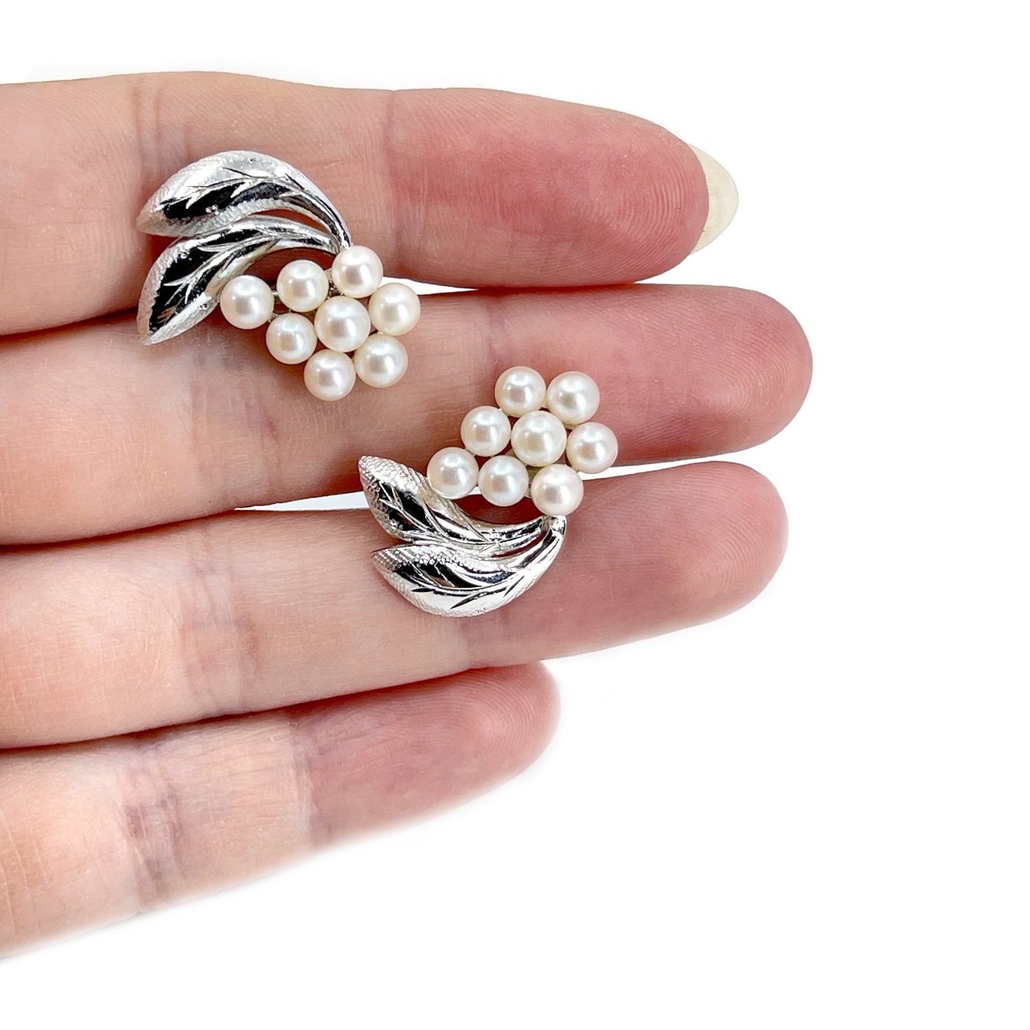 Fuji Pearl Cluster Akoya Saltwater Cultured Pearl Screwback Earrings- Sterling Silver